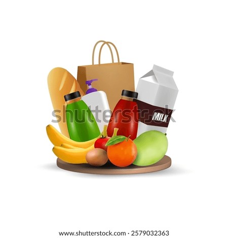 3D vector groceries. Editable food beverage and fruits
