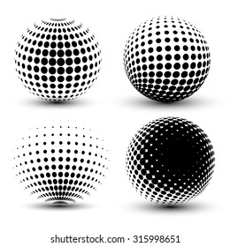 3D vector halftone spheres. Set of halftone vector backgrounds. Halftone design elements