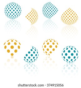 3D vector halftone spheres. Set of abstract backgrounds. Dotted circle. Reflection effect. Orange and blue sphere dots pattern with. Design element. Vector illustration.