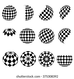 3D vector halftone spheres. Set of abstract backgrounds. Dotted circle. Isolated on white background. Black and white square pattern. Design element. Vector illustration.