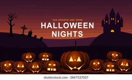 3D vector Halloween night background with glowing carved jack-o-lantern pumpkins, haunted castle silhouette, spooky cemetery tombstone graves, bare dead tree, and dark twilight landscape banner