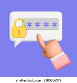 3d pulse con la mano del vector o señale a la notificación de acceso de acceso seguro a la contraseña. Diseño de iconos de la imagen de la imagen de la nota de código de verificación de autenticación. Caricatura aislada sobre fondo blanco.