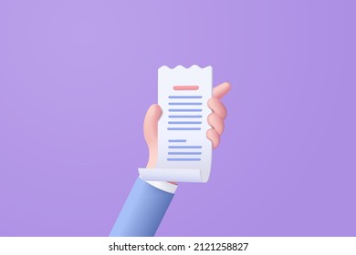 3D vector hand holding bill receipt isolated on purple background. Business hand using hold invoice bill expenses under creative solution concept in 3D vector. 3d paper receipt for shopping in store