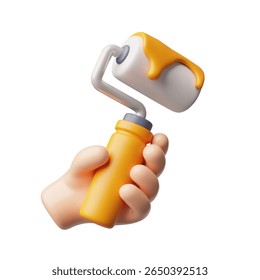 vetor 3d de mão segurando rolo de construção com tinta laranja. Equipamento para reparação. Pintor. Pintura. Ilustração de desenho animado. Plano de fundo isolado. Renderizar. Ícone.