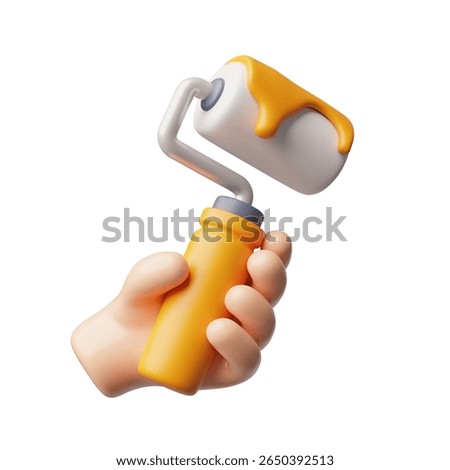 3d vector of hand holding construction roller with orange paint. Equipment for repair. Painter. Painting. Cartoon illustration. Isolated background. Render. Icon.