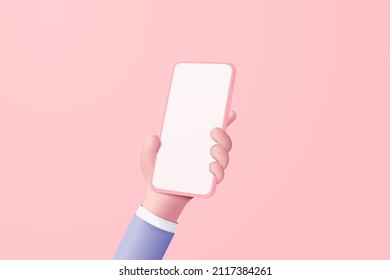 3D vector hand holding mobile phone isolated on pastel pink background, 3d hand using smartphone with empty screen for mockup mobile concept. showcase 3d display minimal scene with device smartphone