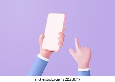 3D vector hand holding mobile phone isolated on pastel purple background, Hand using smartphone with empty screen for mockup mobile concept. showcase 3d display minimal scene with device smartphone