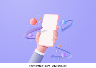3D vector hand holding mobile phone isolated on purple background, 3d Hand using smartphone with empty screen for mockup mobile pink concept. showcase 3d display hand scene with device mobile phone