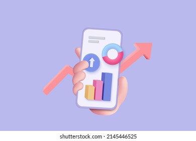 3D vector hand holding mobile isolated on pastel purple background. Hand using funding business graph on application under creative solution concept in 3D vector. 3d trading for business investment