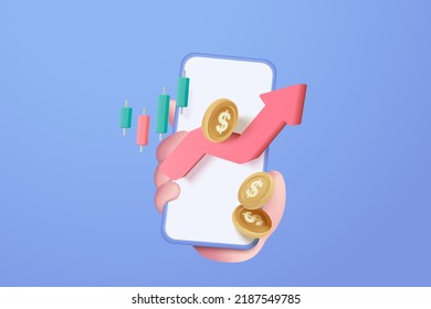 3D vector hand holding mobile with money trading management. Hand using funding business graph on application under creative solution 3d icon concept. 3d money trading for business investment