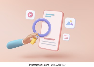 3D vector hand holding mobile phone analyzing with social icon, Searching image and video files in database 3d concept, document management. showcase 3d magnifying analyzing icon with mobile phone