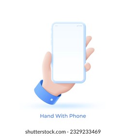 3D-Vektorhand, die ein Mobiltelefon einzeln auf weißem Hintergrund hält, Person, die Smartphone mit leerem Bildschirm für das Mock-up-Konzept von Ton verwendet. Cartoon-Style-Illustration für Web-Grafikdesign