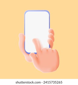 3D vector hand holding mobile phone isolated on yellow background, 3d Hand using smartphone with empty screen for mockup mobile concept. showcase 3d display hand scene with device mobile phone