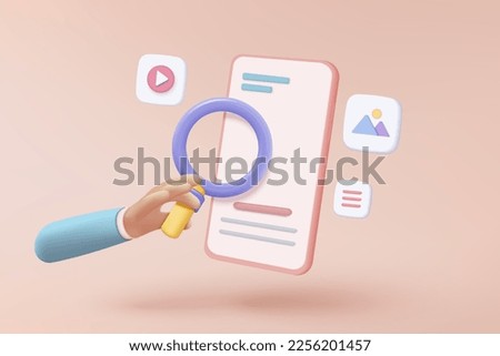 3D vector hand holding mobile phone analyzing with social icon, Searching image and video files in database 3d concept, document management. showcase 3d magnifying analyzing icon with mobile phone