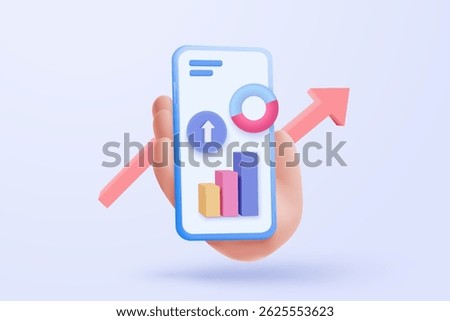 3D vector hand holding mobile isolated on pastel purple background. Hand using funding business graph on application under creative solution concept in 3D vector. 3d trading for business investment