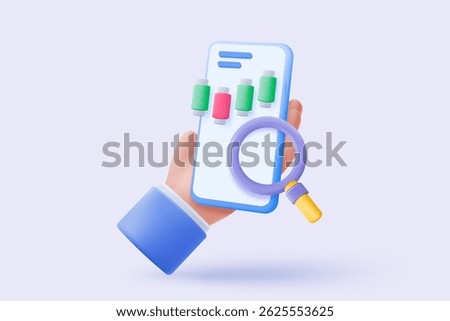 3D vector hand holding mobile isolated on pastel blue background. Hand using funding business graph on application under creative solution concept in 3D vector. 3d trading for business investment