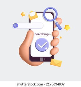 3d vector hand holding phone and search for information. Realistic render search bar icon and  magnifying loupe glass on smartphone screen  design. Navigation and search concept. 