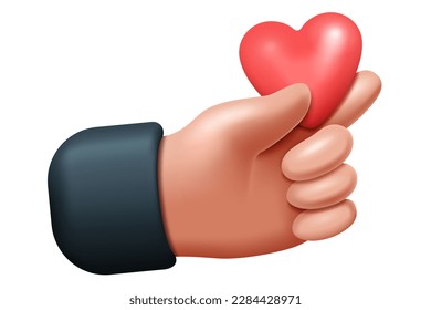 3d vector, hand holding a red heart, sign of love. Concept like, emotional expression of respect and approval in the form of icon, endearment, illustration of feeling and gesture of affection