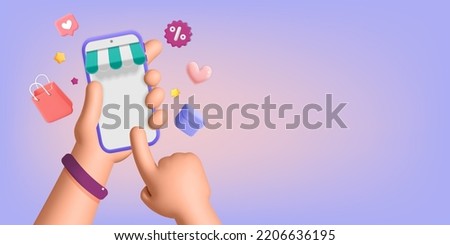 3d vector hand holding smartphone and purchase online on mobile app store banner design. Paying and shopping with phone mockup illustration concept. Business, Digital marketing social media.