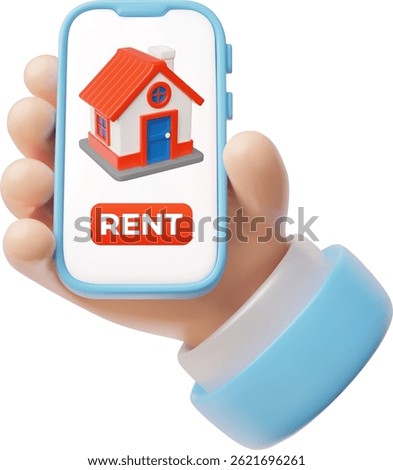 3D vector of hand holding smartphone displaying house for rent. Mobile application for real estate transactions. Commercial trade. Isolated background. Rendering. Icon illustration.
