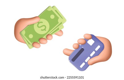 3d vector hand holds credit banking card and green dollar bill currency. Cartoon render exchange
cash banknote money with plastic debit card. Online payment, transactions, financial operation.