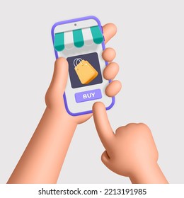 3d vector hand holds smartphone with store awning design. Realistic render hand paying and buying staff online on mobile app illustration.  Business, Digital marketing concept.