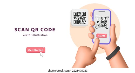 3d vector  hand holds smartphone and push button to scans qr code for online payment, money transaction on mobile app service. Cartoon plastic render Digital marketing, online purchase on websiteю
