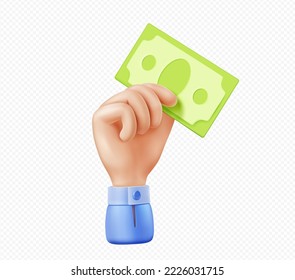 3d vector hand with money bill, businessman palm holding paper dollar note donate, buying or paying. Financial transaction, investment, currency exchange isolated Illustration in cartoon plastic style