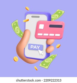 3D-Vektorgrafik, die Kreditkarte mit Handy-App auf Smartphone-Banner-Design bezahlt. Realistische Reproduktion Online-Shopping, sichere Bezahlung, Einkauf, geschäftliche Finanzen, Geldtransfers und geschütztes Bankwesen