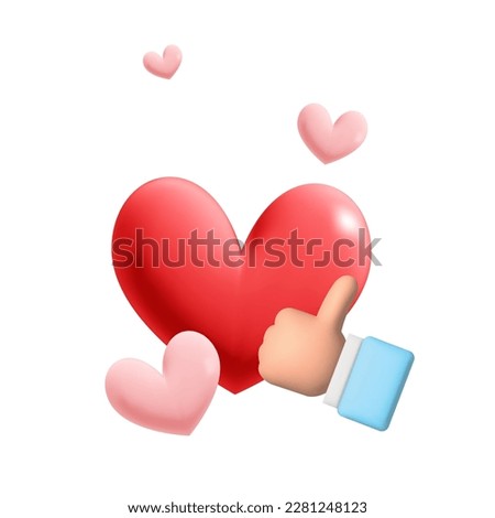 3d vector hand thumb up gesture and red and pink heart like symbols for recommendation in social media network mockup element design. Online digital promotion Poster for love, like, emoticon, emoji