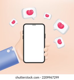 3d vector hand using mobile phone to communication and social media. 3d vector cartoon people design.