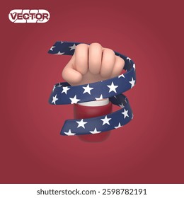3D vector hand wrapped in a star ribbon icon set on red background. realistic illustration