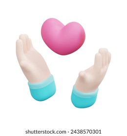 Manos del vector 3d con el icono del corazón. Aislado sobre fondo blanco. 3d corazón, amor y concepto de san valentín. Dibujos animados estilo minimalista. Ilustración de renderizado de vector de icono de corazón 3d.
