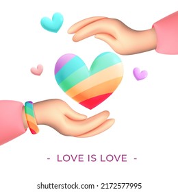 3d vector Hands holding lgbt rainbow heart shape design banner.  Gay pride, pride month, transgender, lesbian community shiny love symbol concept illustration. Rainbow bracelet on the hand. 