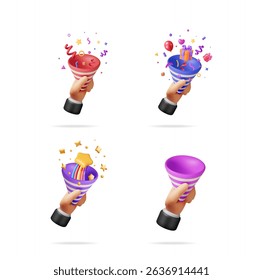 3d vector of hands holding party poppers with confetti, gift box, stars, and rainbow. Celebration concept for holiday or anniversary card.