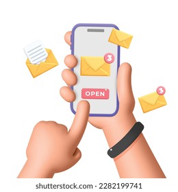 3d vector hands holding smartphone with new incoming letter email symbol design. Internet communication, email marketing, Mail mobile app service.