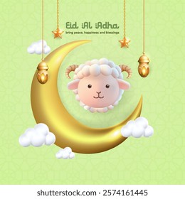 3d vector of hanging cute sheep, lantern, crescent moon. concept for eid al adha, islamic celebration day, or animal sacrifice. suitable for banner, greeting card, flyer