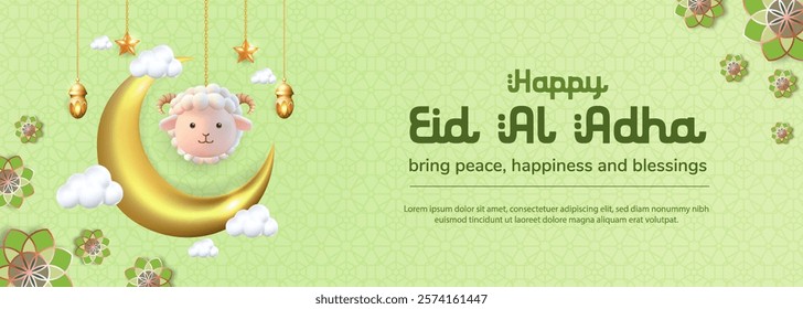 3d vector of hanging cute sheep, lantern, crescent moon. concept for eid al adha, islamic celebration day, or animal sacrifice. suitable for banner, greeting card, flyer