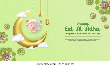 3d vector of hanging cute sheep, lantern, crescent moon. concept for eid al adha, islamic celebration day, or animal sacrifice. suitable for banner, greeting card, flyer