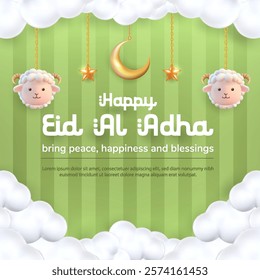 3d vector of hanging cute sheep, lantern, crescent moon. concept for eid al adha, islamic celebration day, or animal sacrifice. suitable for banner, greeting card, flyer