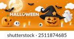 3D vector Happy Halloween banner template. Pumpkin, moon, skull, cute ghost, wizard hat on orange background. Website spooky, scary party, social media sale promotion poster, wallpaper. Trick or treat