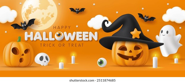 3D Happy Halloween modelo de banner. Abóbora, lua, crânio, fantasma bonito, chapéu de bruxo no fundo laranja. Site spooky, festa assustadora, mídia social promoção venda cartaz, papel de parede. Truque ou deleite