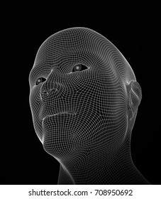 3D vector head from grid. Artificial intelligence. 3D Geometric Face Design. Biometric Illustration