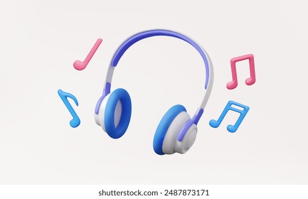 3D vector headphone icon with music notes and Support consultant talk podcast listening entertainment, Musical dj studio song karaoke concept. Minimal cartoon style. Eps 10 vector. 3d illustration