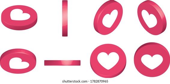 3D vector heart icon with all views. Social media like button