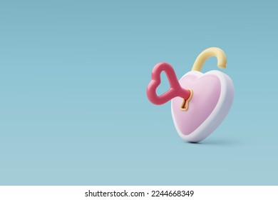 3d Vector Heart Lock with Keyhole, Pink Key. Anniversary, Valentine's Day Concept. Eps 10.