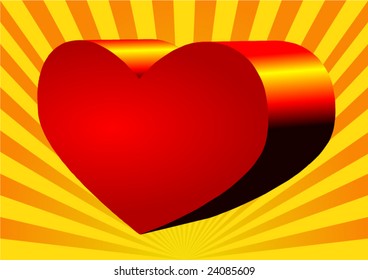 3D vector heart on light orange background with yellow rays