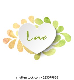 3d vector heart on watercolor splashes background with 'Love' lettering in light yellow, beige and green colors. Vector illustration EPS10.