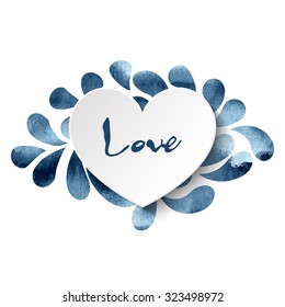 3d vector heart on watercolor splashes background with 'Love' lettering in light and dark blue colors. Vector illustration EPS10.
