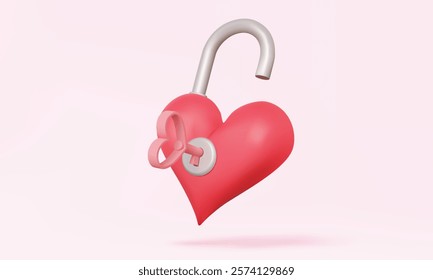 3D vector Heart unlock icon key lover Happy valentine's day concept. like friendship relationship Cute realistic glossy element design cartoon style dating romantic banner illustration.